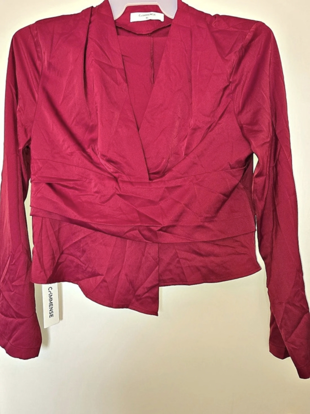 COMMENSE Satin Cross Wrap Draped Blouse Burgundy Red XL